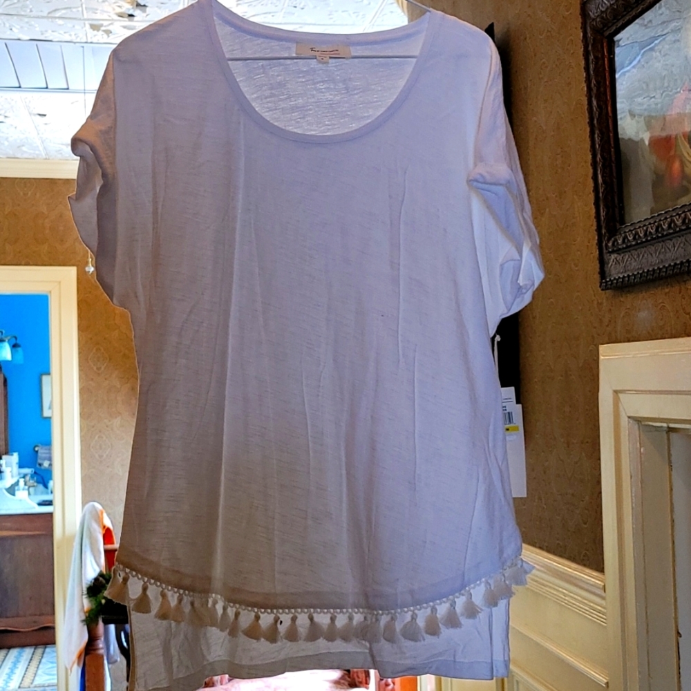NWT Two by Vince Camuto white pom fringe casual shirt